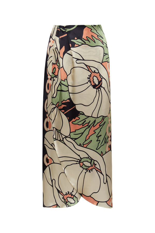 Amaime Satin Silk Midi Skirt / Sage Gladiolos